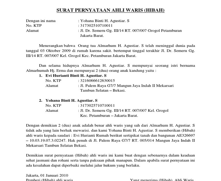 Contoh Surat Hibah Tanah Dari Orang Tua Kepada Anak  Contoh Surat