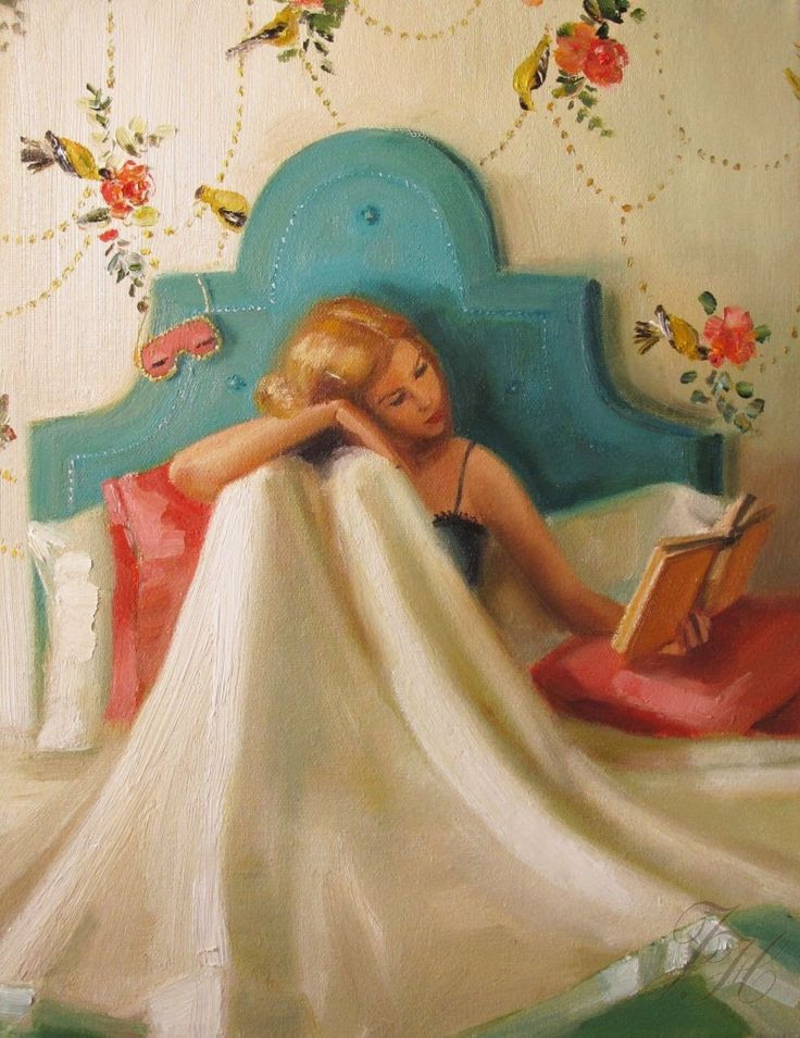 John Gannam illustration.  I luv how she has the Holly Golightly sleeping mask (in pink!) hanging from her headboard.
