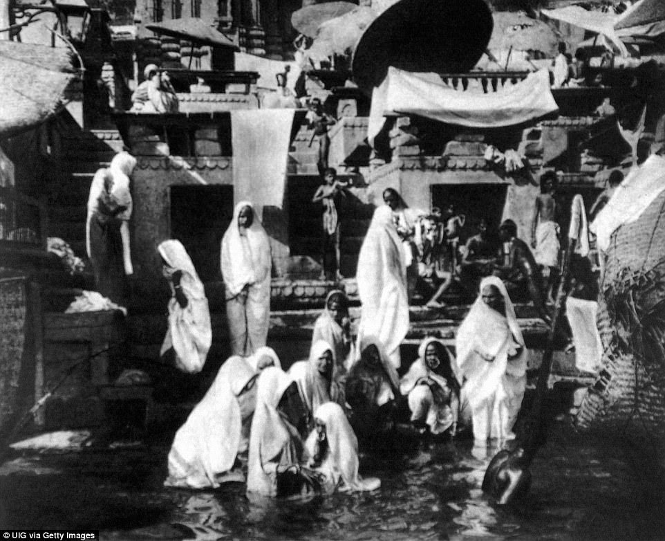 This 1929 shot captures Indian women on the ghats - or banks - Benares, from which they are able to take their ritual bath in the Ganges