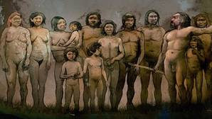 Recreación de los trece neandertales de El Sidrón. J1 es el primer niño por la izquierda. Detrás, su madre con su hermano pequeño en brazos