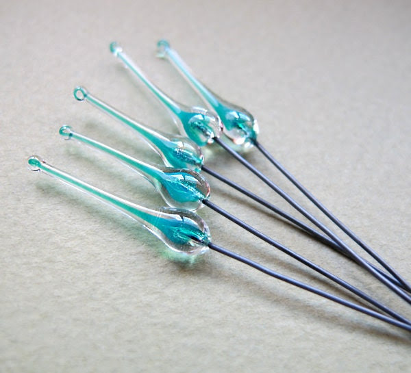 Turquoise Headpins 24 gauge. Handmade Lampwork Glass Cone head pins set. Earrings Components - NadinArtGlass Turquoise Headpins 24 gauge. Handmade Lampwork Glass Cone head pins set. Earrings Components - NadinArtGlass