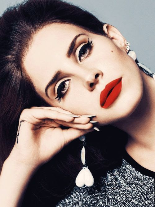 ❤Lana❤ lana del rey makeup sultry red lipstick eyeliner nails fashion music earrings brunette fair pale skin