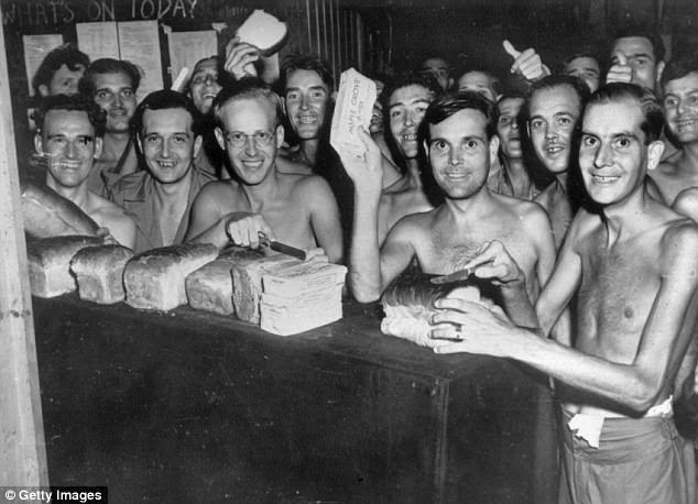  Half of the PoWs died from malnutrition, abuse and diseases such as beriberi, malaria, jungle sores, diphtheria and cholera. Dysentery was endemic. Pictured are Prisoners of War from the Allied forces eating food after being liberated from a Japanese camp in Taiwan in 1945