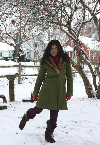 Green Coat, Brown Boots, Cranberry Gloves