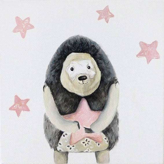 The hedgehog art, soft art toy, children room decor, woodland animal, pink stars, kids wall art, gender neutral painting