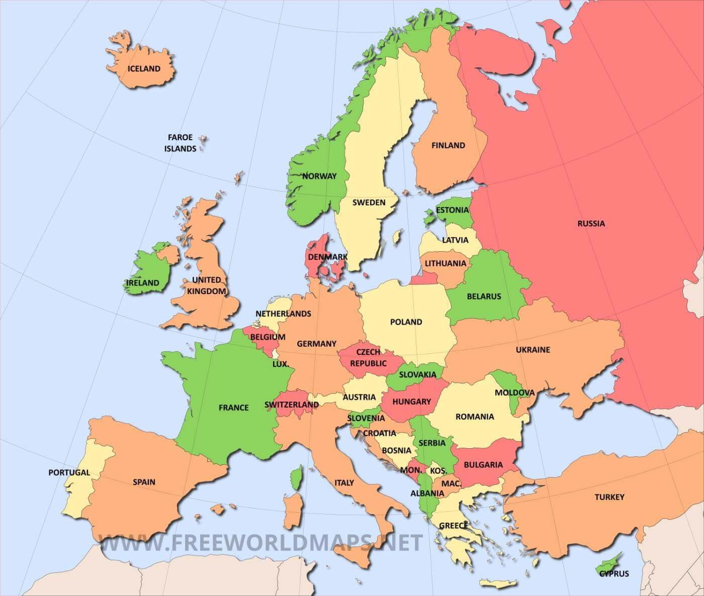 Labeled Western Europe Countries Map