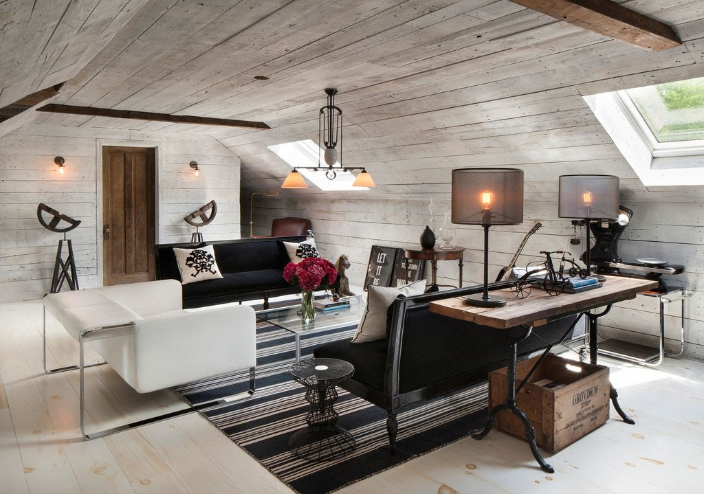 Contemporary Living Room with Accent pillows, Table lamp, Sofa, Exposed beam, Pendant light, Reclaimed Teak Console Table