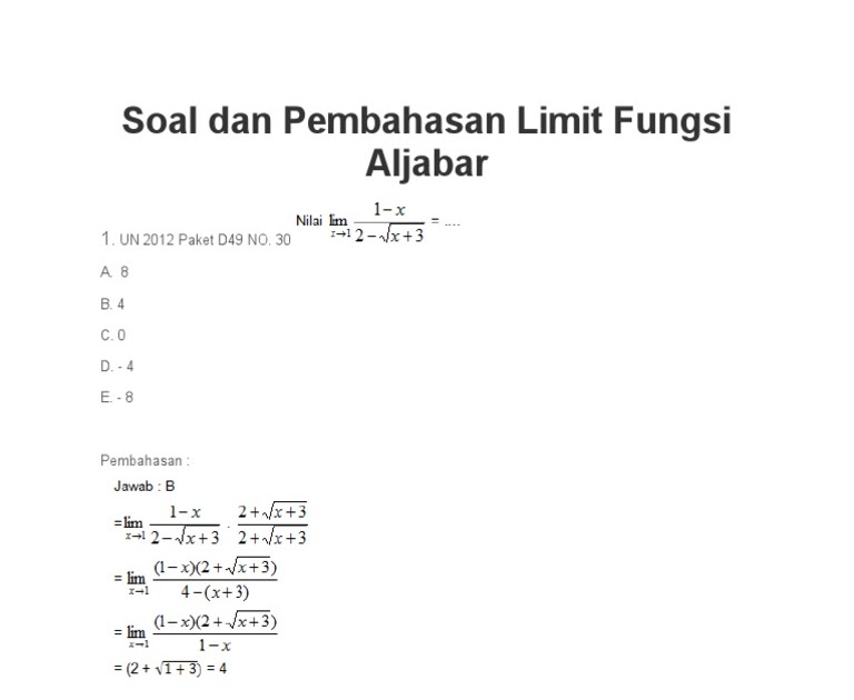 Contoh Soal Limit Fungsi Aljabar Dan Fungsi Trigonometri