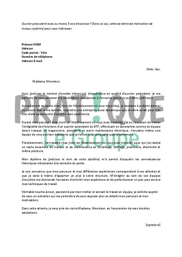 Lettre De Motivation Ouvrier  Job Application