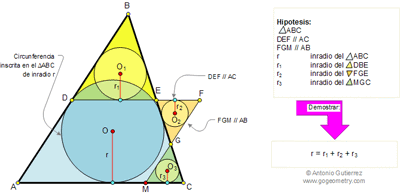 Problema de Geometría 95: Triangulo, Paralelas, Circunferencias Inscritas, Suma de Inradios, Semejanza.