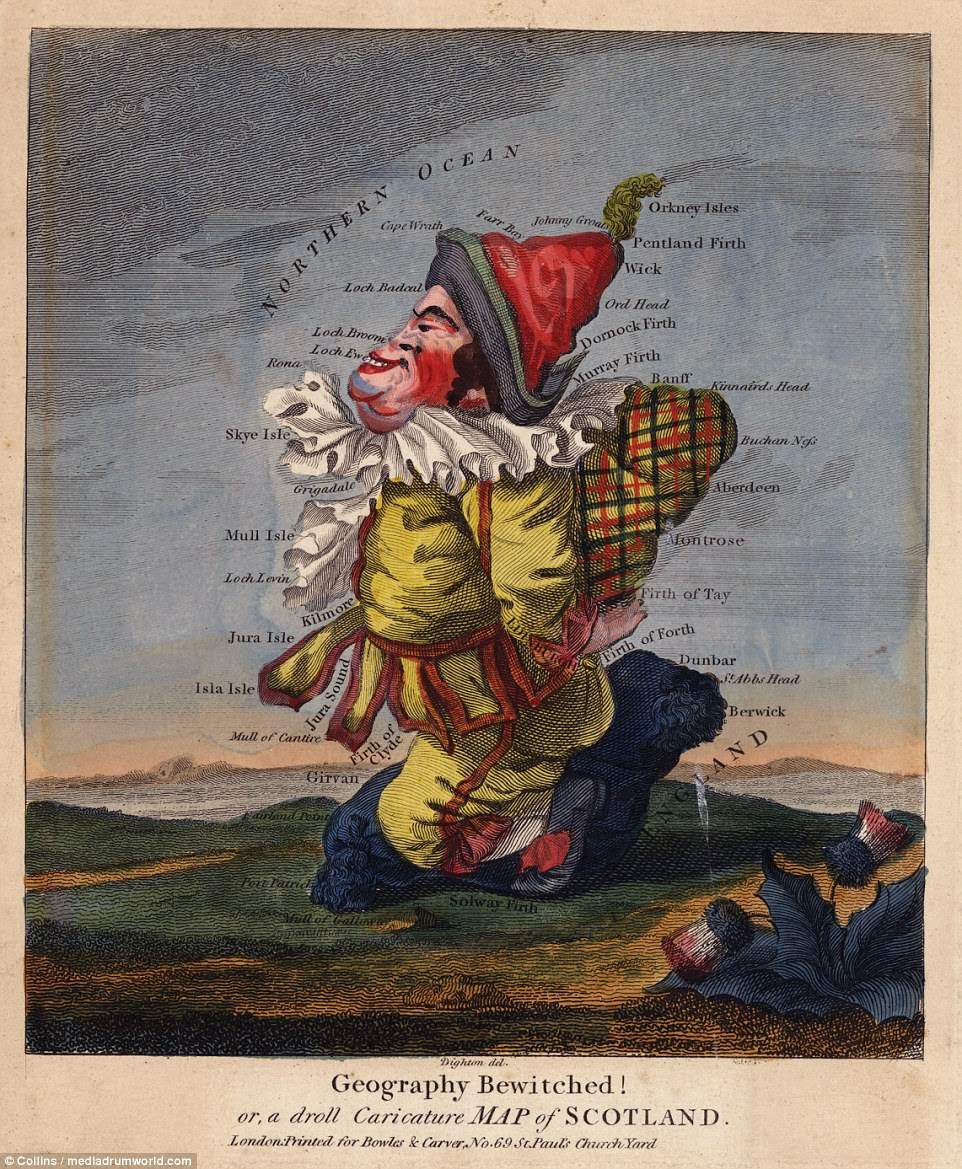 SCOTLAND, c. 1794: This was part of a set of caricature maps engraved by Robert Dighton in the late 18th century. The series - entitled Geography Bewitched! - was originally published around 1780. It was designed to amuse and also educate; the bold use of colour and caricature encouraged readers to learn about geographical locations. The map features a satirical take on a Scotsman on a landscape complete with a Scottish thistle