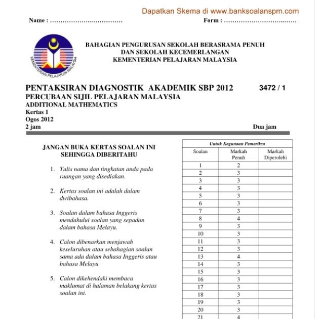 Contoh Soalan Spm Matematik - Selangor o