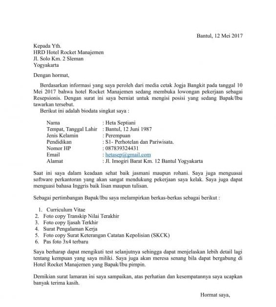 Contoh Surat Lamaran Housekeeping