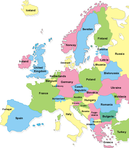 Карта - Европа. Карта центральной Европы со странами. Столицы Европы. Европейские столицы карта