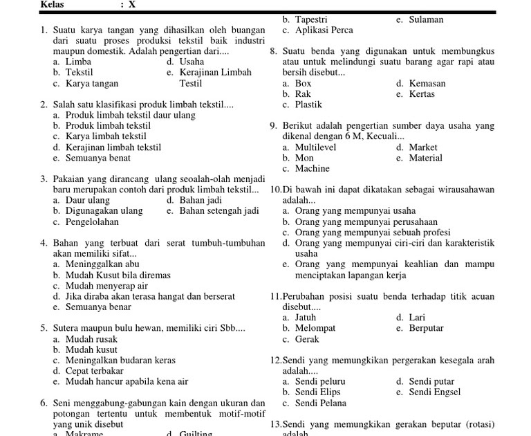 Soal Uas Prakarya Kelas X Semester 1 - Seputar Kelas