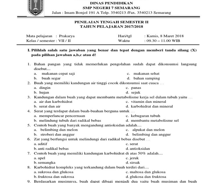  Soal  Prakarya  Pengolahan Kelas  7 Semester  1  Dan  Kunci  