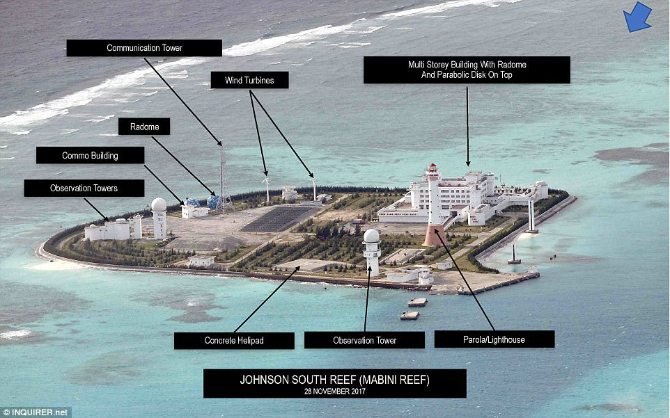The military installations on Mabini Reef include observation powers, a concrete helipad and a pair of wind turbines