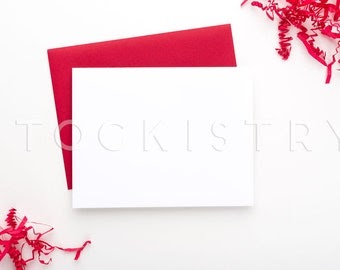 Styled Stock Photography, Red Envelope, White Card with Red Paper Shreds, Product Mockup