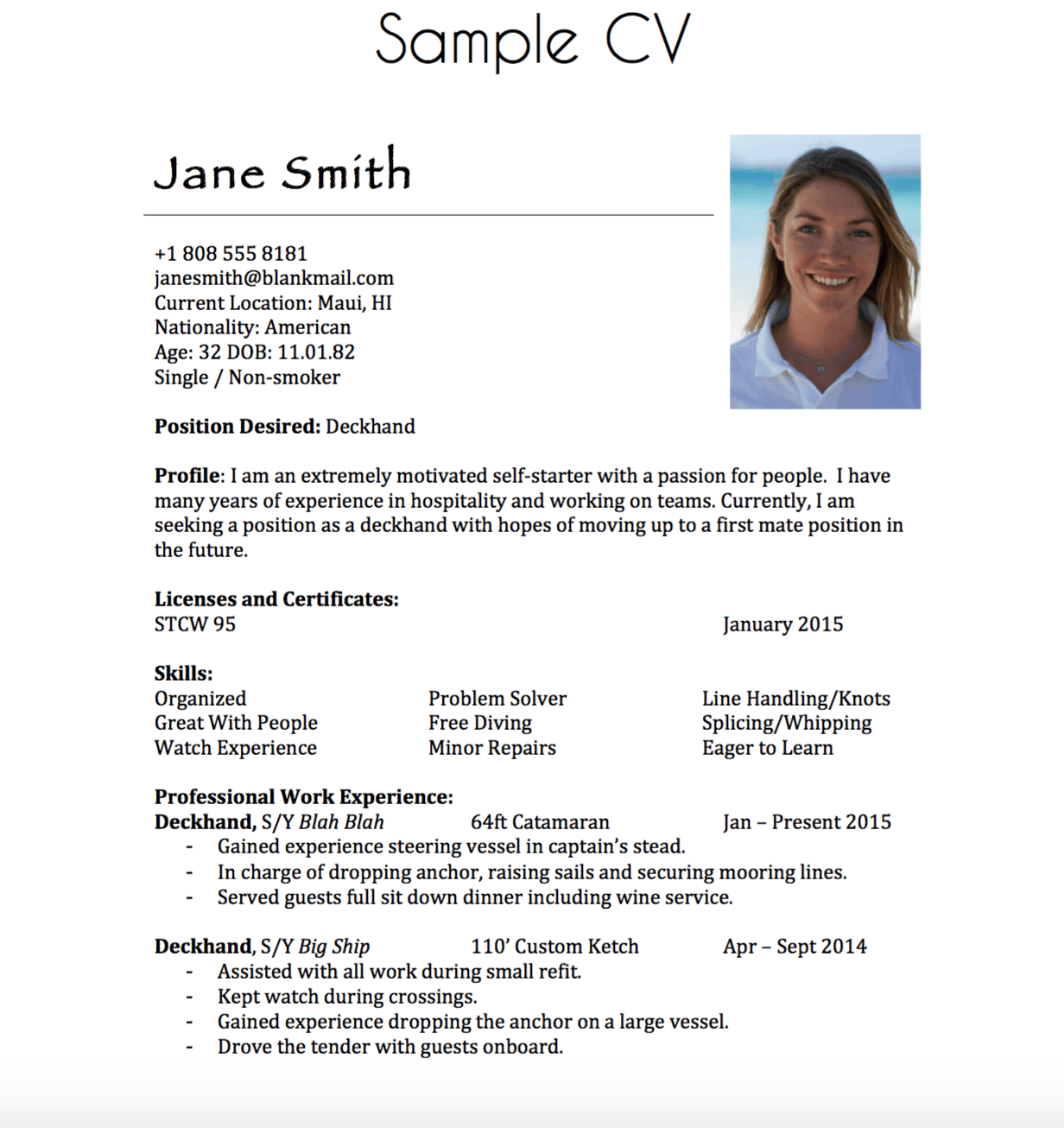 new example of yacht stewardess resume