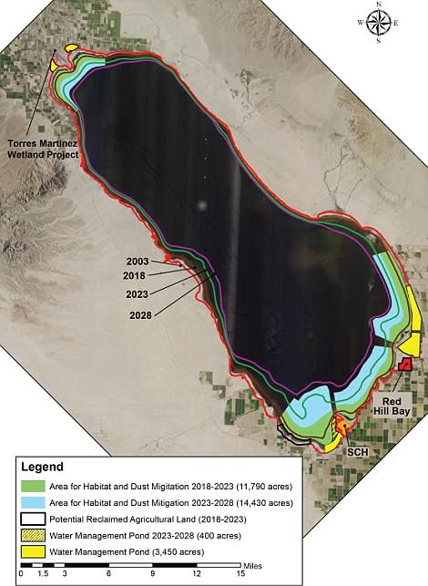 By the 1980s and 90s, the Salton Sea, which is less than 60 feet at its deepest point, started to recede rapidly and soon enough it became clear that the area was not in good shape. The above graphic show the exposed playa from 2003 to what it is expected to resemble in 2047 - which would make the lake significantly smaller than it once due to the receding shoreline