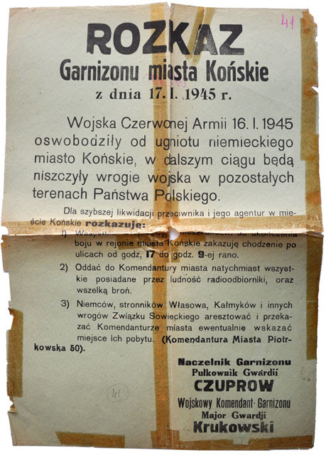 Końskie. Rozkaz Garnizonu miasta Końskie z 17 stycznia 1945. - w zbiorach KW
