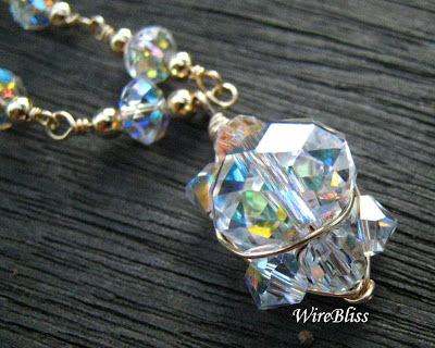 wire wrapped pendant close up of the sparkly Swarovski crystal pendant