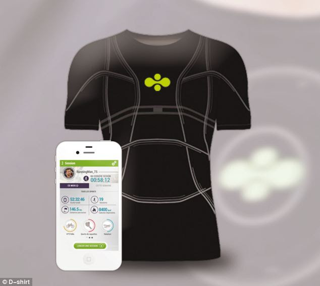 In the sports arena, the 'D-Shirt', pictured, by French company Cityzen Sciences was demonstrated with a team of basketball players. It is made from a special fabric woven with sensors which record a wearer's heart rate, GPS location, route, speed and altitude
