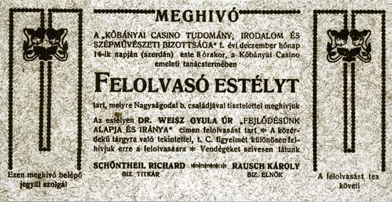 Kőbánya, Casino, invitation to a scientific lecture