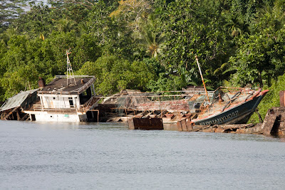 Close-up of a single wrecked fishing ship