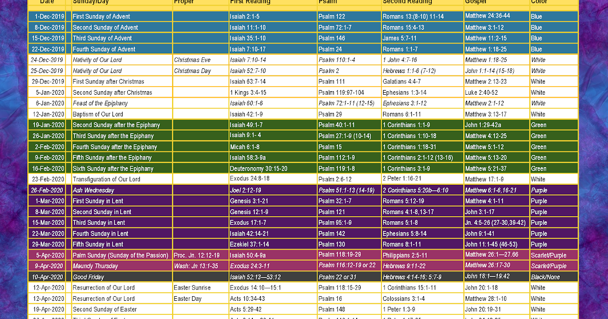 Lutheran Mission Revised Common Lectionary Year A 20192020 Calendar