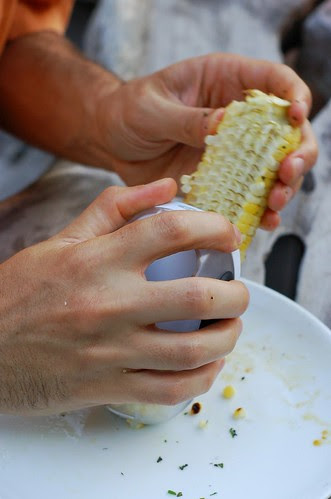 Using Oxo's corn stripper to get all the kernels off quickly by Eve Fox, the Garden of Eating blog, copyright 2013