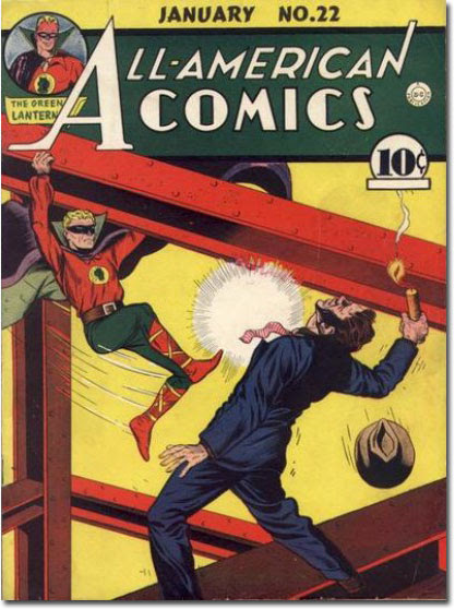 Green Lantern would have been there earlier, but it takes him about half an hour to lace up his booties. (All-American Comics #22)