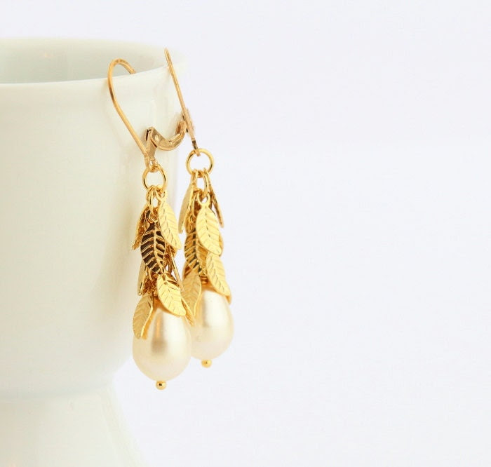 Gold Pearl Earrings, Ornate Leaf Earrings, Bridal Jewelry, Wedding Earrings, Ivory Pearl Earrings, Gold Filled - JacarandaDesigns Gold Pearl Earrings, Ornate Leaf Earrings, Bridal Jewelry, Wedding Earrings, Ivory Pearl Earrings, Gold Filled - JacarandaDesigns