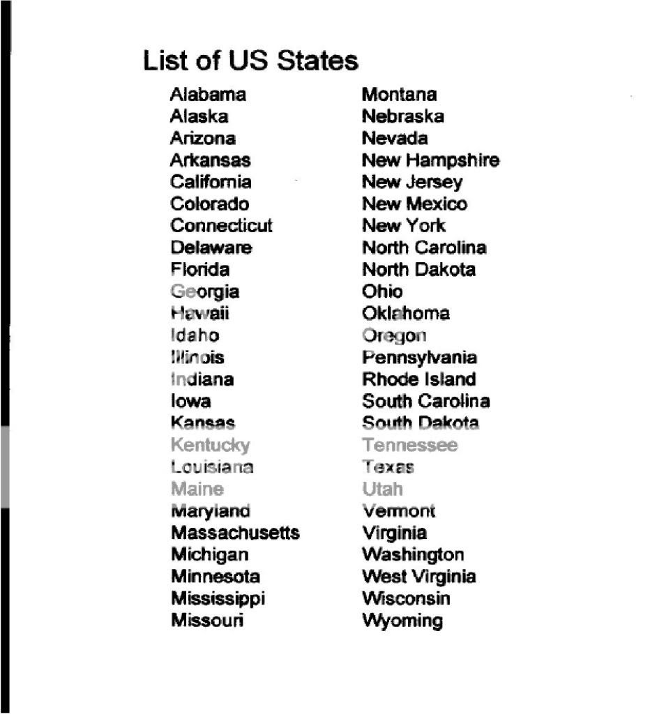 List Of Fifty States Printable