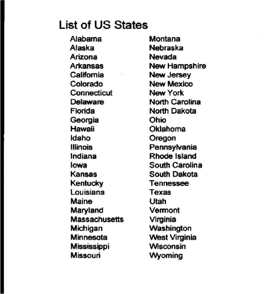 List Of Fifty States Printable