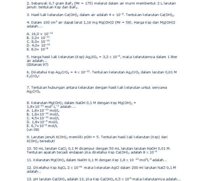 Contoh Soal Pilihan Ganda Kelarutan Dan Hasil Kali Kelarutan Beserta