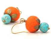 Orange Turquoise Wire Drop Earrings -Gemstone Dangle Fiber Felt Metal Leaves - galleryzooartdesigns Orange Turquoise Wire Drop Earrings -Gemstone Dangle Fiber Felt Metal Leaves - galleryzooartdesigns