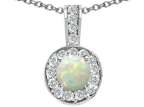 Tommaso Design Round Genuine Opal and Diamond Pendant White Gold
