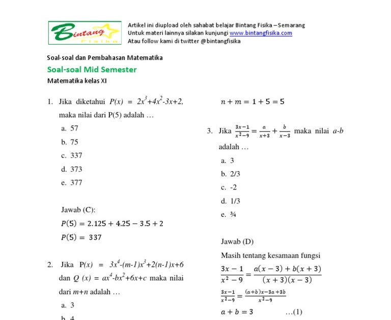 Contoh Soal: Soal Mtk Kelas 2 Bab 1