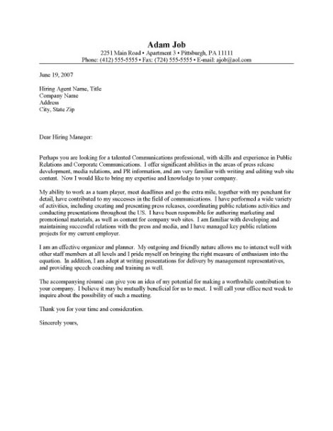 Cover Letter For Pr Job Sample Cover Letter