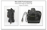 CP1071: Mini-USB Port Extension - Offset Down Angle with Safety Clip on a Canon XT Camera