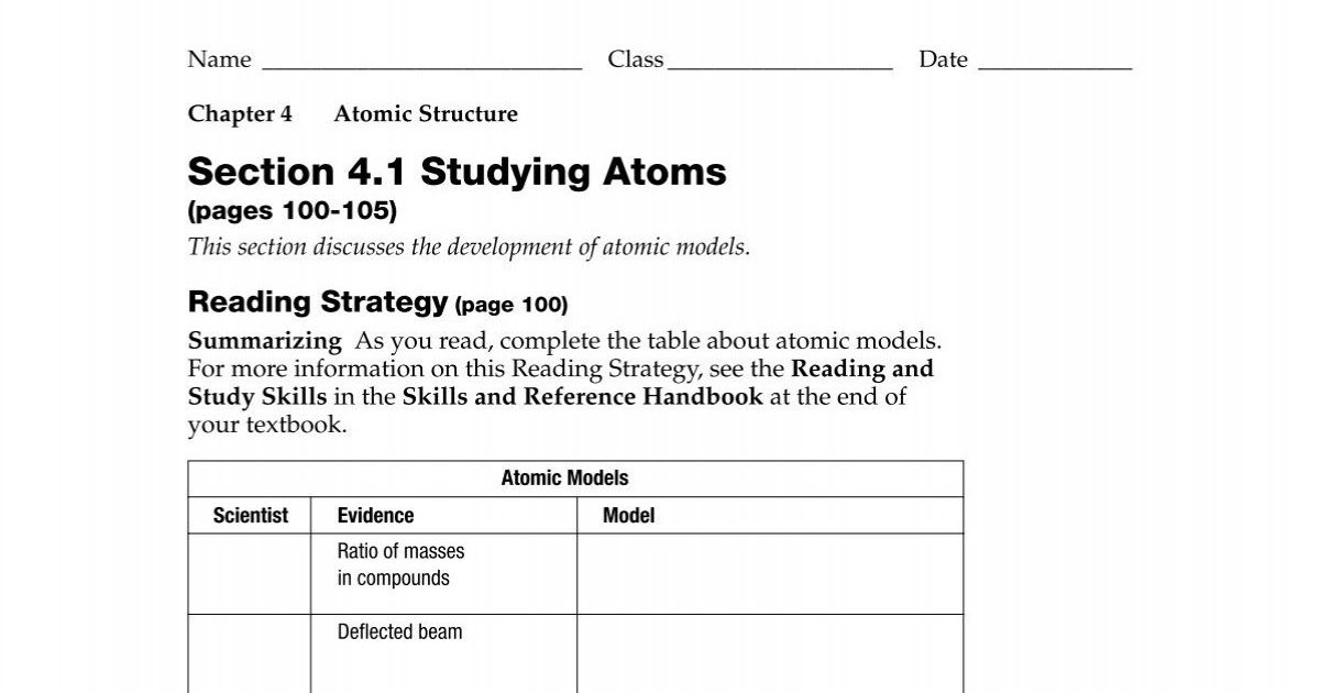 Chapter 4 Atomic Structure Worksheet Answer Key - Atomic Structure