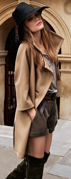 camel boxy coat, sick hat, and over the knee boats paired with trouser shorts...perfect for fall