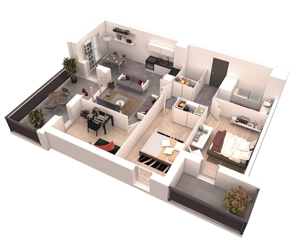 2 Bedroom House Plans Open Floor Plan 3D - Goimages Base