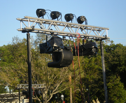Fake snow machines of tripods and truss