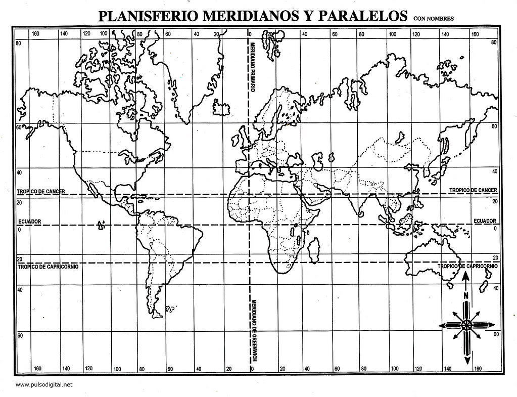 Planisferio meridianos y paralelos con nombres