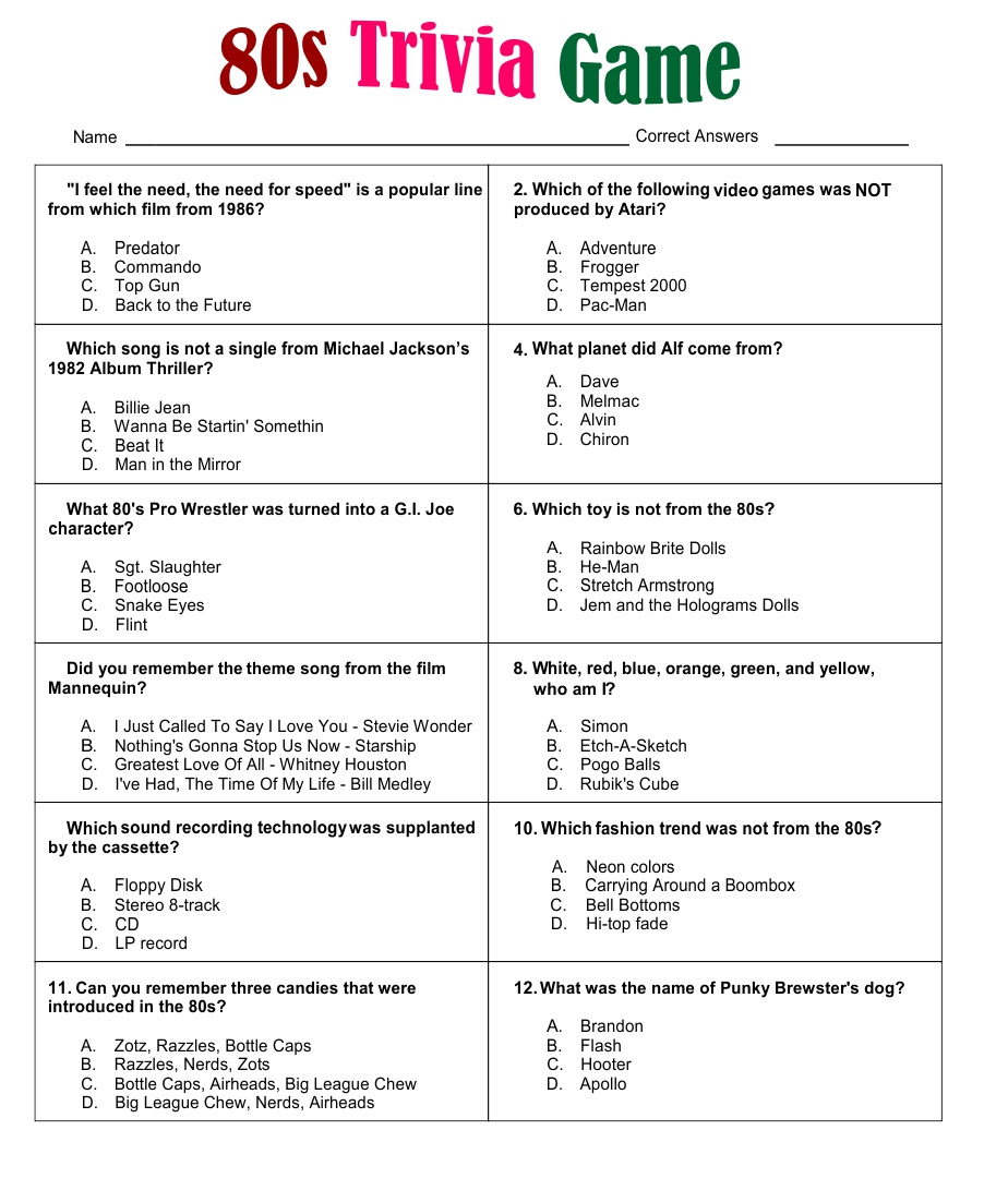 Free Printable 80 S Trivia Questions And Answers Printable The Big 
