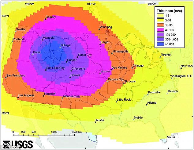 This USGS graphic shows how a 'super eruption' of the molten lava under Yellowstone National Park would spread ash across the United States
