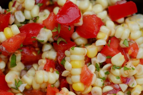 Tomato, sweet corn and basil salad by Eve Fox, Garden of Eating blog