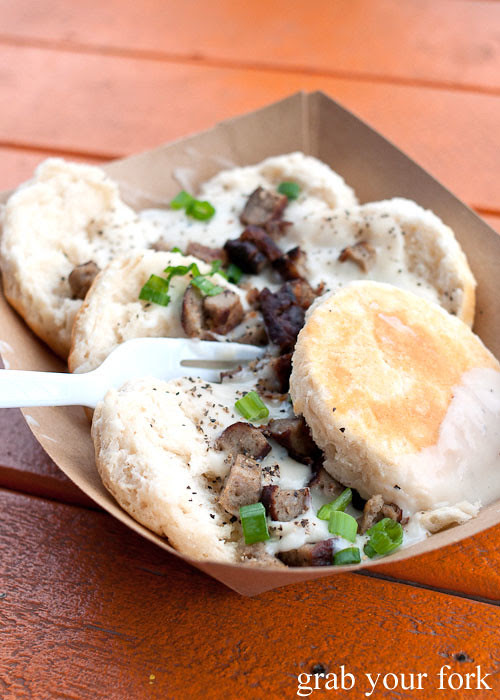 biscuits with gravy and sausage at biscuits and groovy austin texas